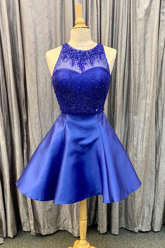 Cute Royal Blue Beaded Short Homecoming Dress