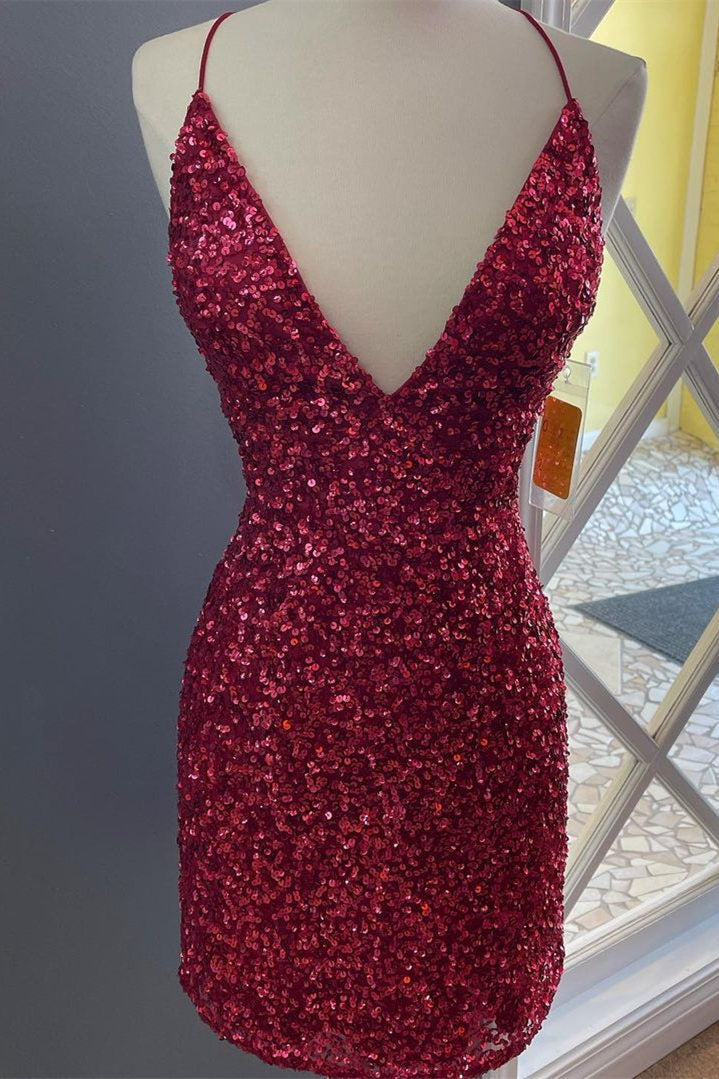 Burgundy Halter Sequined Tight Homecoming Dress