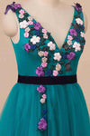 Elegant V-Neck Teal Long Prom Dress with Embroidery