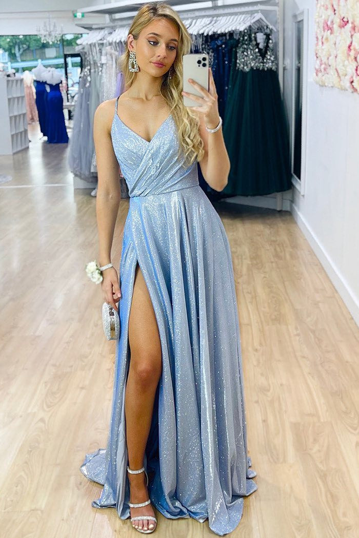 Sparkle V-Neck Blue Long Prom Dress with Slit