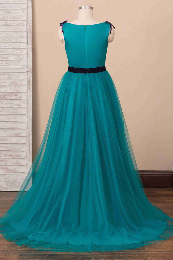 Elegant V-Neck Teal Long Prom Dress with Embroidery