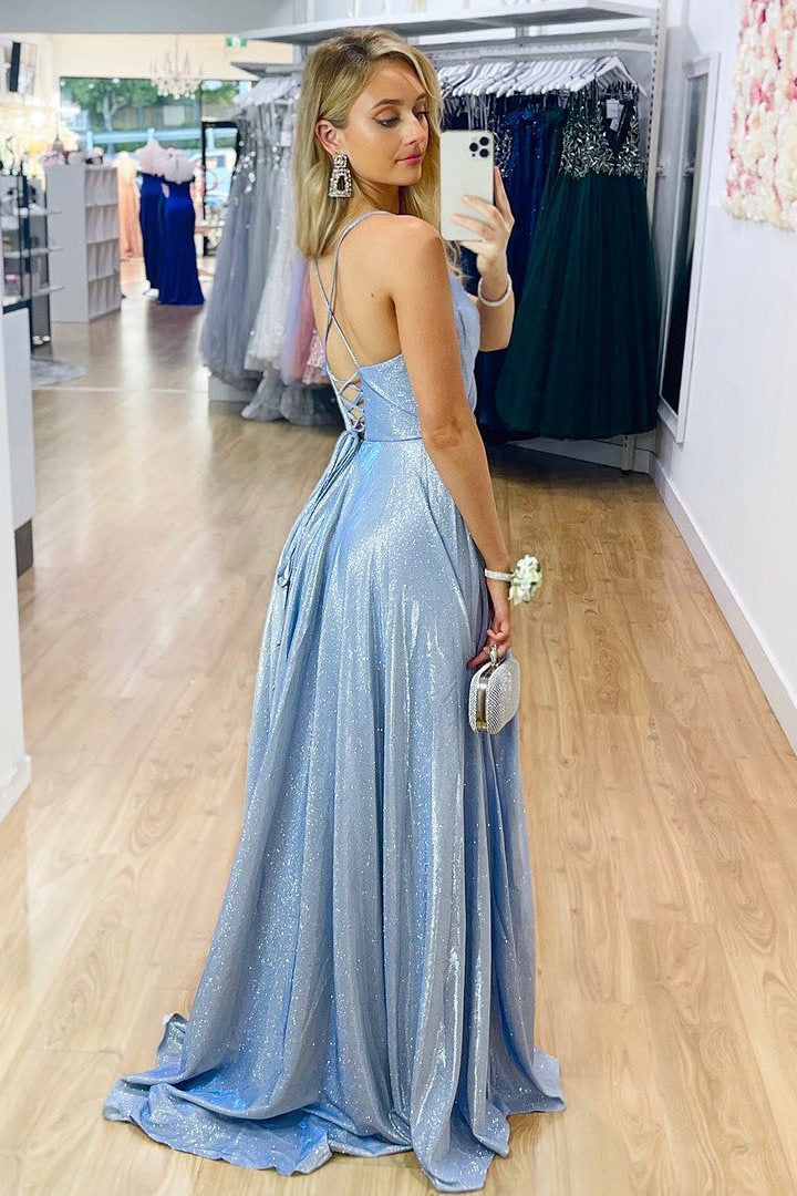 Sparkle V-Neck Blue Long Prom Dress with Slit