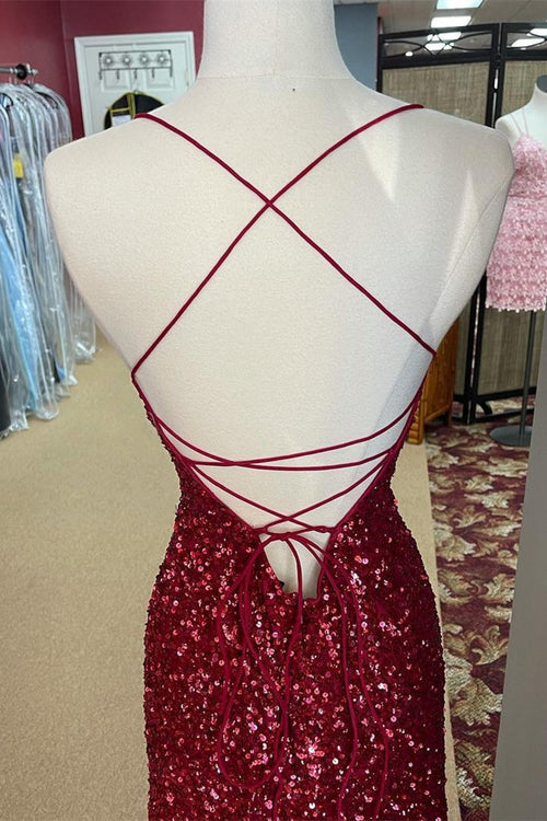 Burgundy Halter Sequined Tight Homecoming Dress