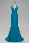 Sexy Mermaid Backless Blue Bridesmaid Dress with Tie Back