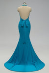 Sexy Mermaid Backless Blue Bridesmaid Dress with Tie Back