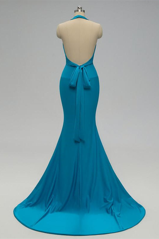 Sexy Mermaid Backless Blue Bridesmaid Dress with Tie Back