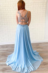 Two Piece V Neck Beaded Sky Blue Prom Dress with Slit
