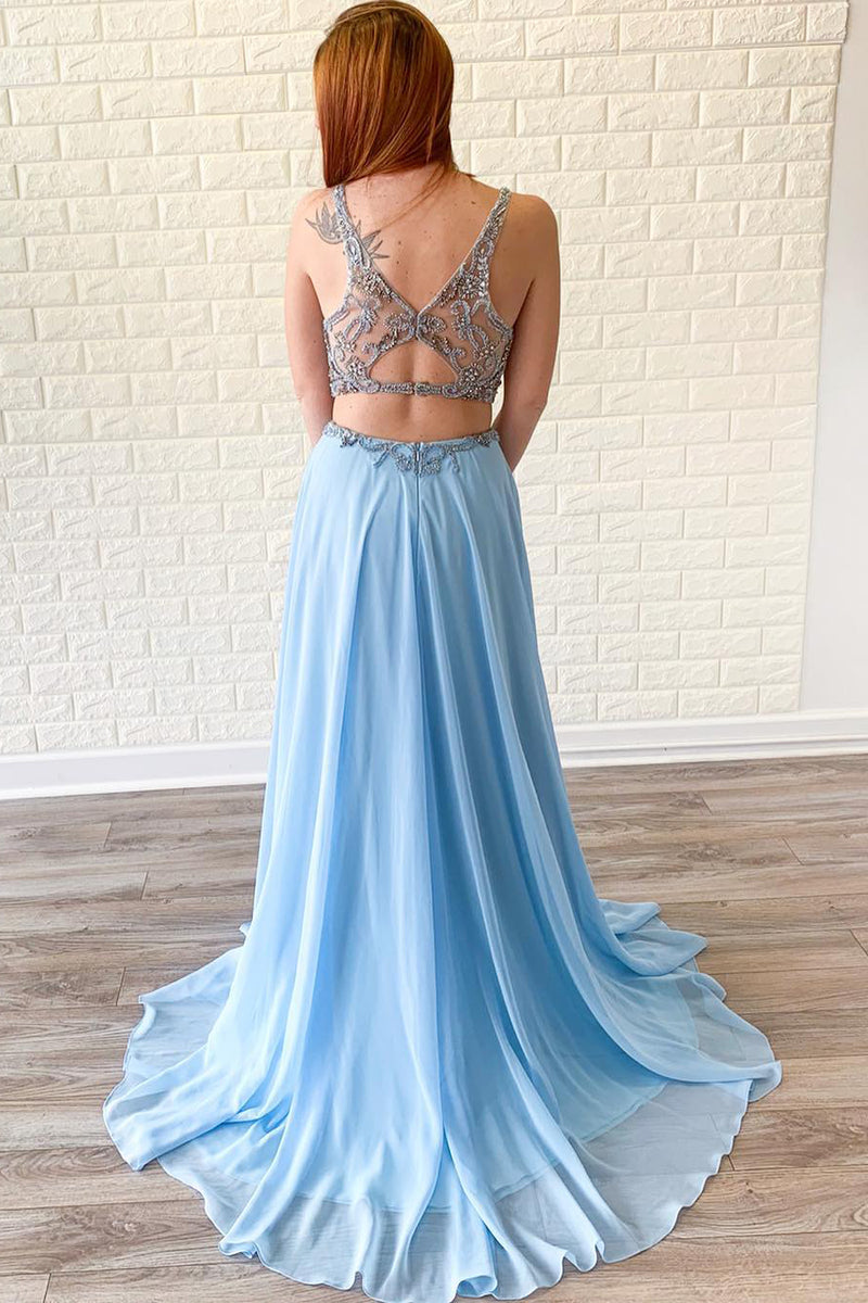 Two Piece V Neck Beaded Sky Blue Prom Dress with Slit