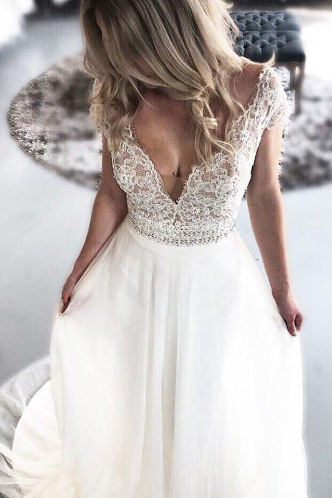 Long Cap Sleeves A-line V-Neck White Wedding Dress with Lace