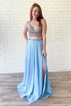 Two Piece V Neck Beaded Sky Blue Prom Dress with Slit
