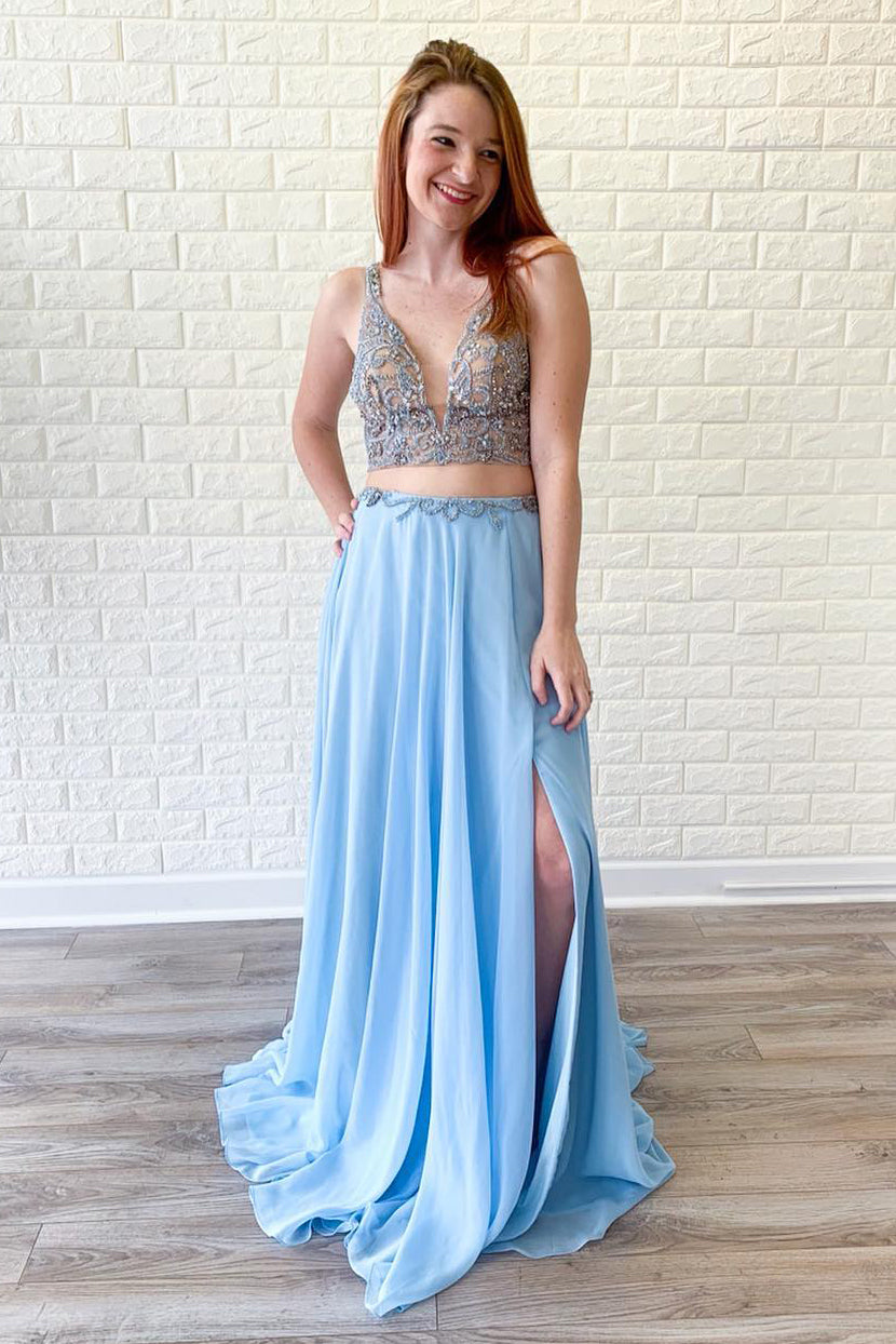 Two Piece V Neck Beaded Sky Blue Prom Dress with Slit FancyVestido Two Piece V Neck Beaded Sky Blue Prom Dress with Slit FancyVestido