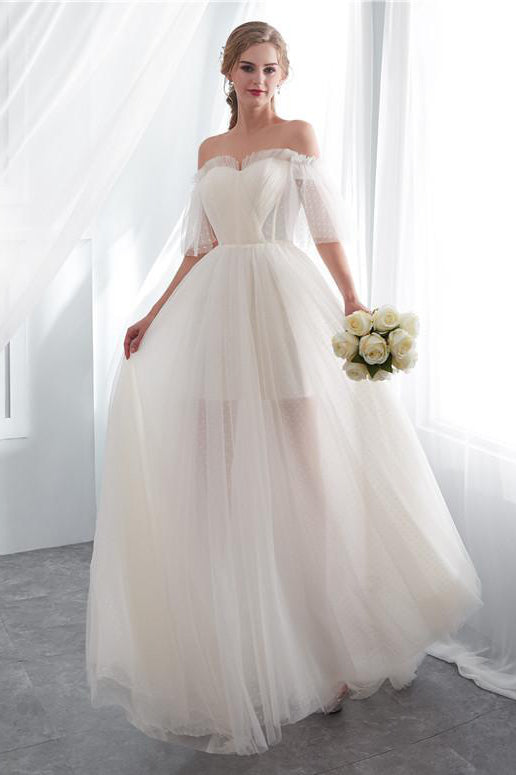 Long Lace-Up Off Shoulder A-line Ivory Wedding Dress