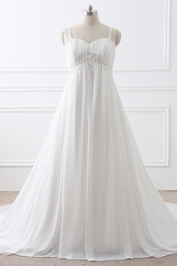 A-line Straps Empire Long White Bridesmaid Dress with Beads