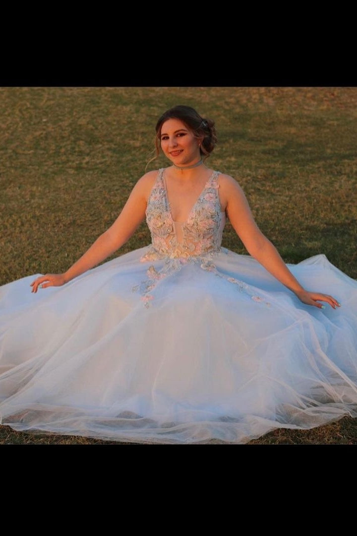 A-Line Plunging Neck Baby Blue Long Prom Dress with Embroidery