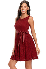 Elegant Red Lace Short Party Dress with Sash