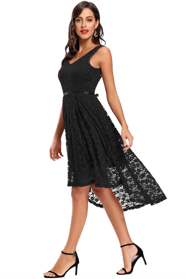 V-Neck Navy Blue Lace Long Party Dress with Sash
