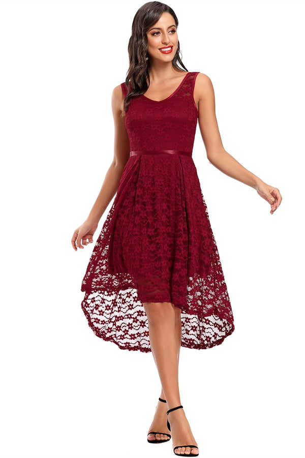 V-Neck Navy Blue Lace Long Party Dress with Sash