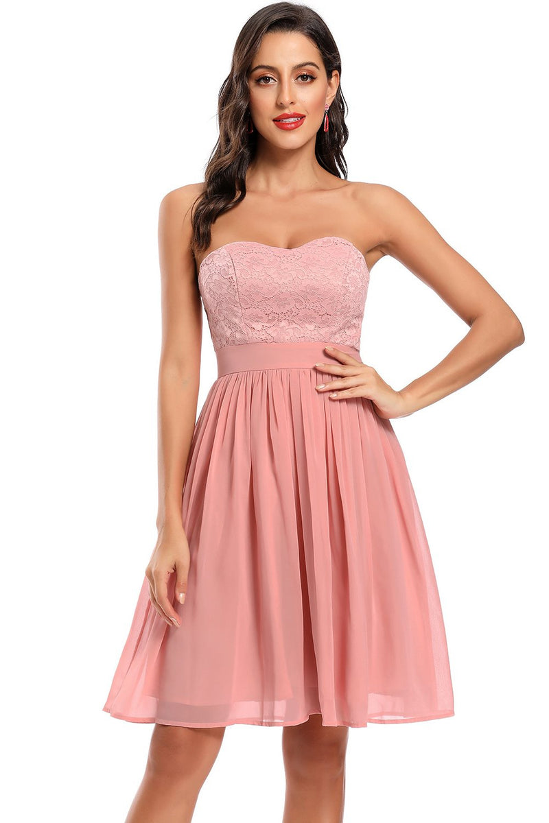 A-Line Strapless Pink Short Party Dress with Lace Top