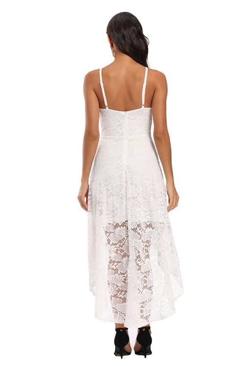 Spaghetti Straps Hi-Low White Lace Party Dress