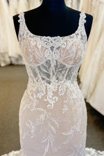 Sheer Lace Bodice Ivory Square Neck Wedding Dress