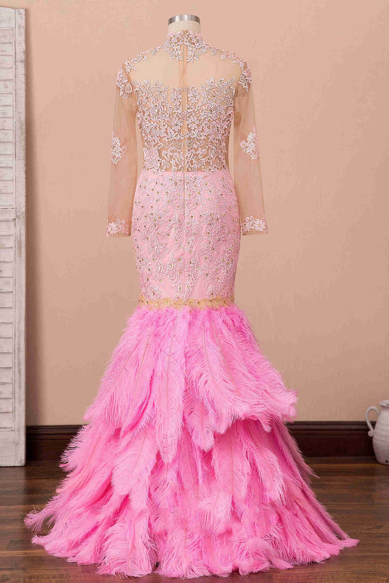 Mermaid Illusion Neck Pink Lace Prom Dress with Fur