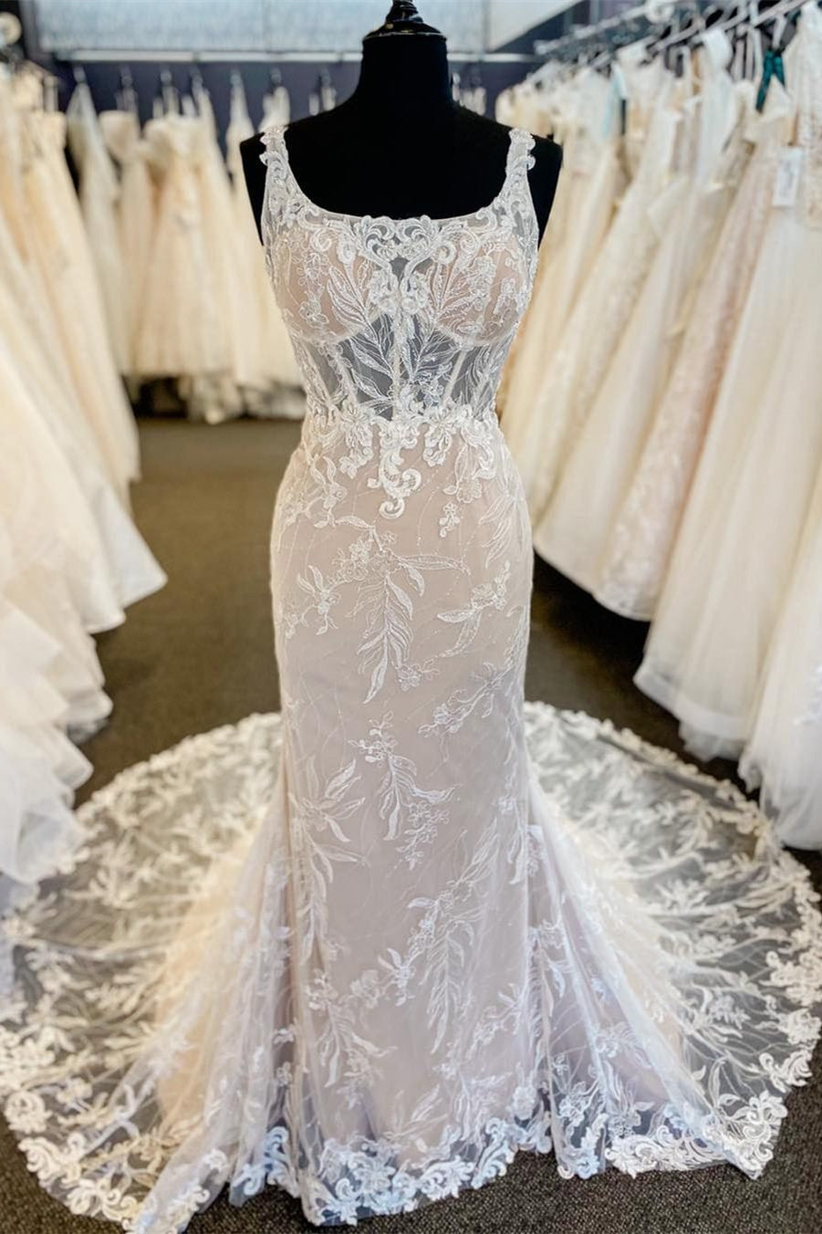 Sheer Lace Bodice Ivory Square Neck Wedding Dress – FancyVestido