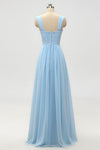 A-Line Empire Waist Light Blue Long Bridesmaid Dress