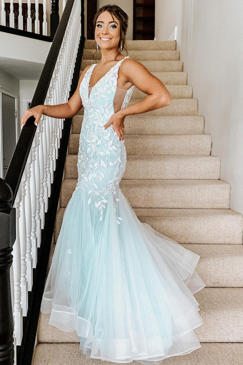Trumpet V-Neck Mint Green Appliqued Porm Dress – FancyVestido