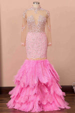 Mermaid Illusion Neck Pink Lace Prom Dress with Fur
