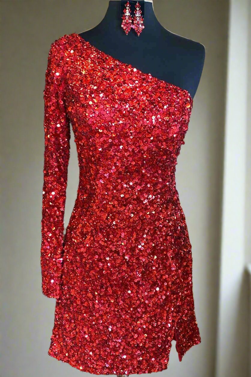 Glitter One Sleeve Red Sequined Homecoming Dress FancyVestido Glitter One Sleeve Red Sequined Homecoming Dress FancyVestido