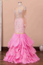 Mermaid Illusion Neck Pink Lace Prom Dress with Fur
