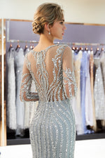 Illusion Long Sleeves Mermaid Beading Sweep Silver Prom Evening Dress