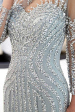 Illusion Long Sleeves Mermaid Beading Sweep Silver Prom Evening Dress