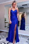 High Slit Blue Sequins Straps Mermaid Prom Dress