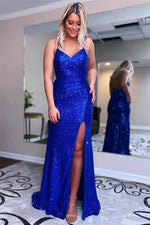 High Slit Blue Sequins Straps Mermaid Prom Dress