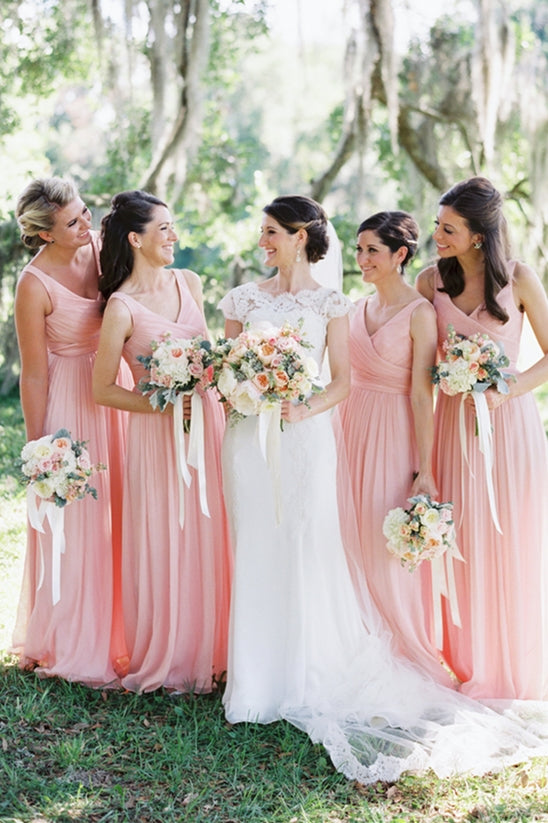 Simple Pink Chiffon Long Bridesmaid Dress with V Neck