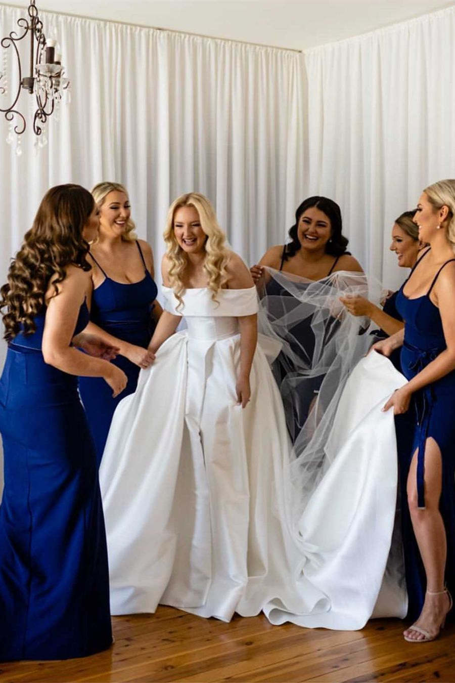 Elegant Royal Blue Side Slit Bridesmaid Dress with Sash FancyVestido Elegant Royal Blue Side Slit Bridesmaid Dress with Sash FancyVestido