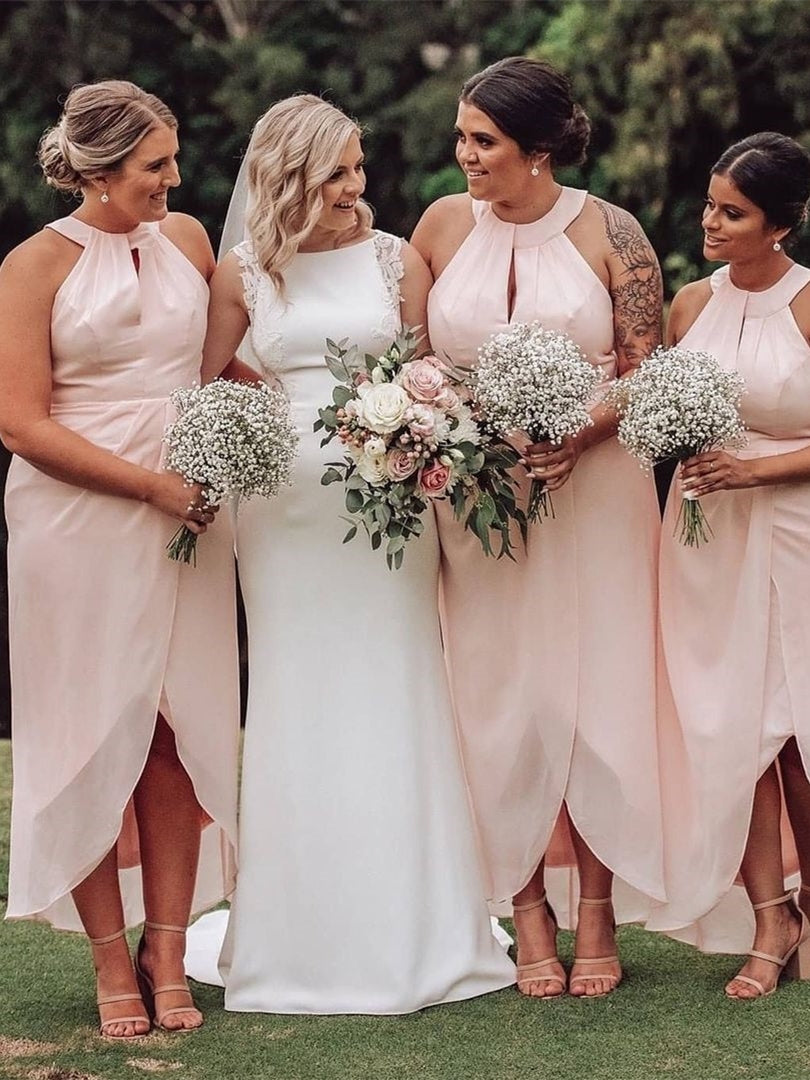Halter Pink Wrap Bridesmaid Dress with Keyhole FancyVestido Halter Pink Wrap Bridesmaid Dress with Keyhole FancyVestido