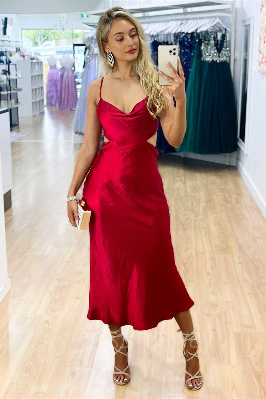 strapless open back dress Elegant Straps Red Satin Midi Prom Dress – FancyVestido
