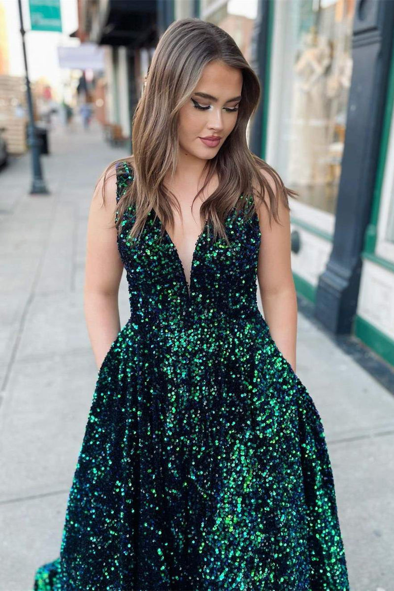 Sparkling Dark Green Sequin Green Sequin Prom Dress With Split Pleats  Perfect For Special Occasions From Verycute, $46.98