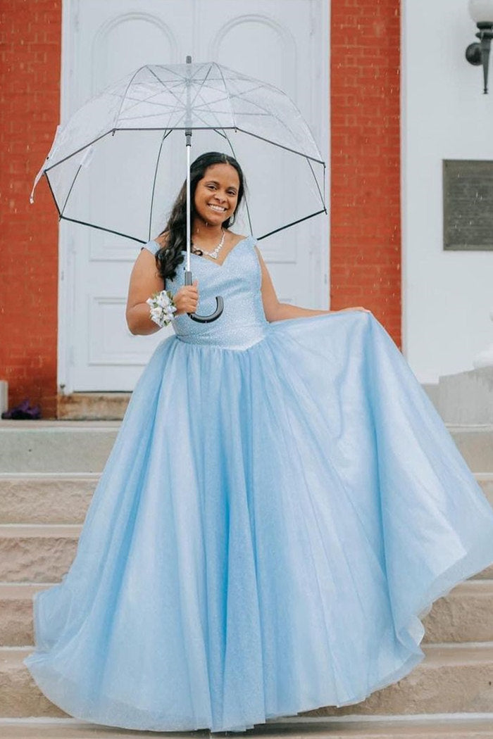 Glitter Off the Shoulder Light Blue Long Prom Dress