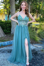 A-Line V-Neck Teal Beaded Long Prom Dress with Slit