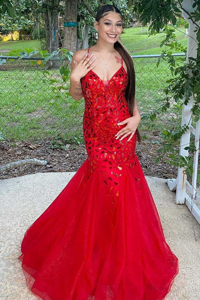 strapless open back dress Red Evening Dresses Sparkly Trumpet/Mermaid Spaghetti Straps Lace Sequins  Long Formal Dress main image 0