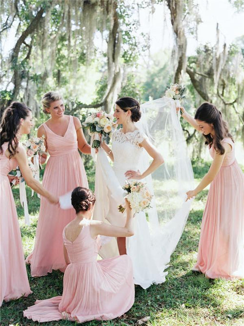 Simple Pink Chiffon Long Bridesmaid Dress with V Neck