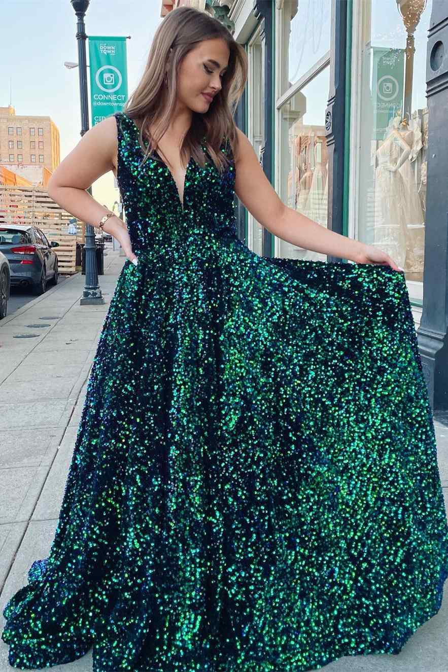 Sparkel Dark Green Sequins Long Prom Dress with Pockets