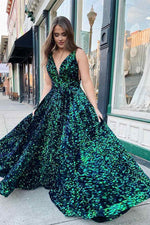 Sparkel Dark Green Sequins Long Prom Dress with Pockets
