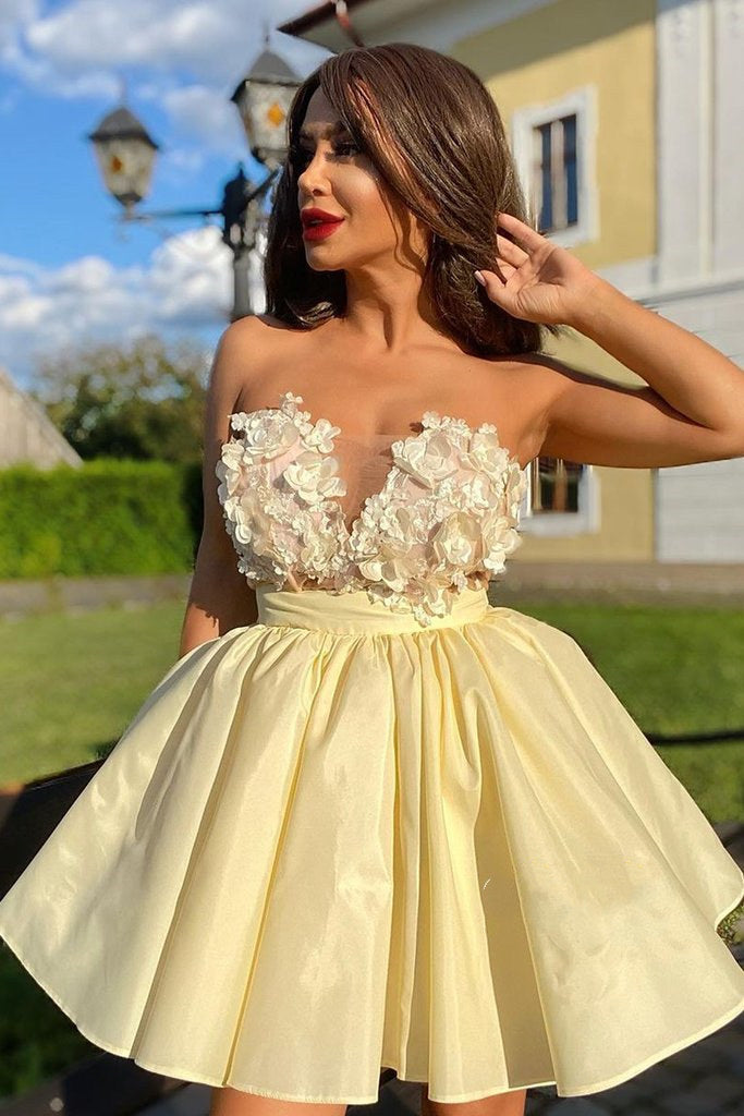 Cute Strapless Yellow Short Homecoming Dress with Flowers FancyVestido Cute Strapless Yellow Short Homecoming Dress with Flowers FancyVestido