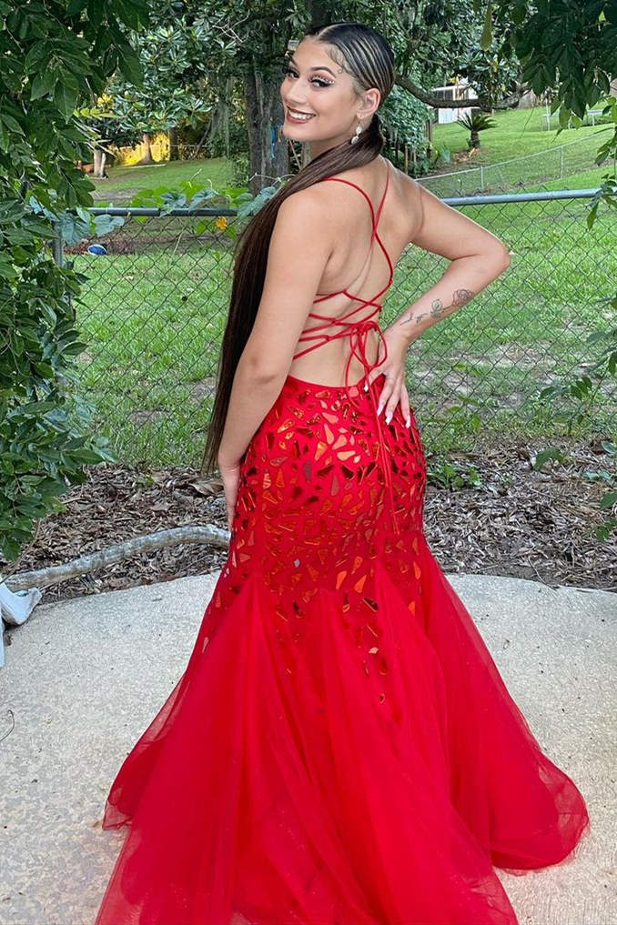 Straps Trumpet Red Sequins Long Prom Dress