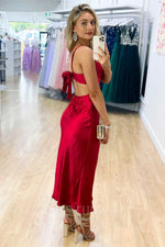 Elegant Straps Red Satin Midi Prom Dress