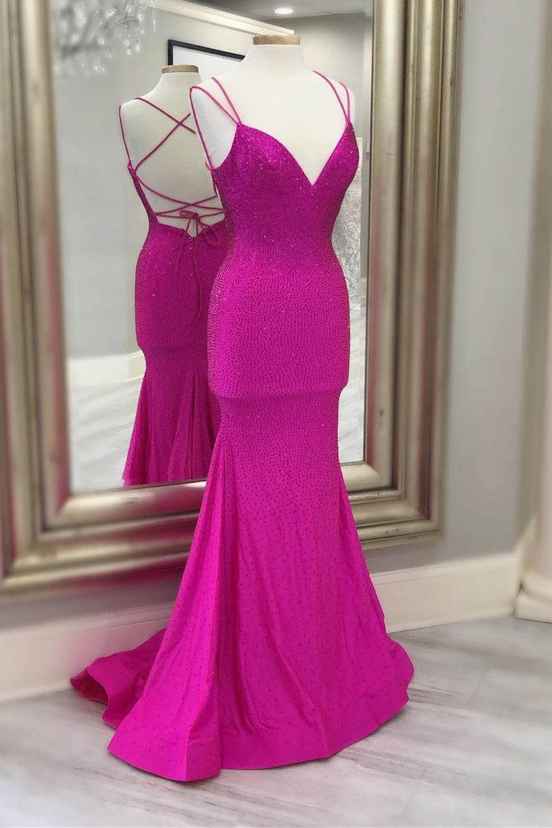 Mermaid Hot Pink Beaded Long Prom Dress with Straps